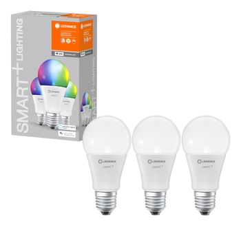 Pachet 3 becuri inteligente LED RGBW LEDVANCE SMART WIFI, A60, 9.5W (75W), 1055 lm, dimabil, lumina alba si colorata, compatibil amazon alexa/Google Assistant Pachet 3 becuri inteligente LED RGBW LEDVANCE SMART WIFI, A60, 9.5W (75W), 1055 lm, dimabil, lumina alba si colorata, compatibil amazon alexa/Google Assistant