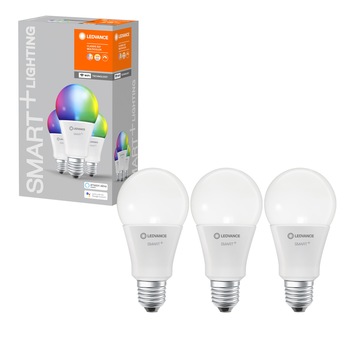 Pachet 3 becuri inteligente LED RGBW LEDVANCE SMART WIFI, A100, 14W (100W), 1521 lm, dimabil, lumina alba si colorata, compatibil amazon alexa/Google Assistant Pachet 3 becuri inteligente LED RGBW LEDVANCE SMART WIFI, A100, 14W (100W), 1521 lm, dimabil, lumina alba si colorata, compatibil amazon alexa/Google Assistant