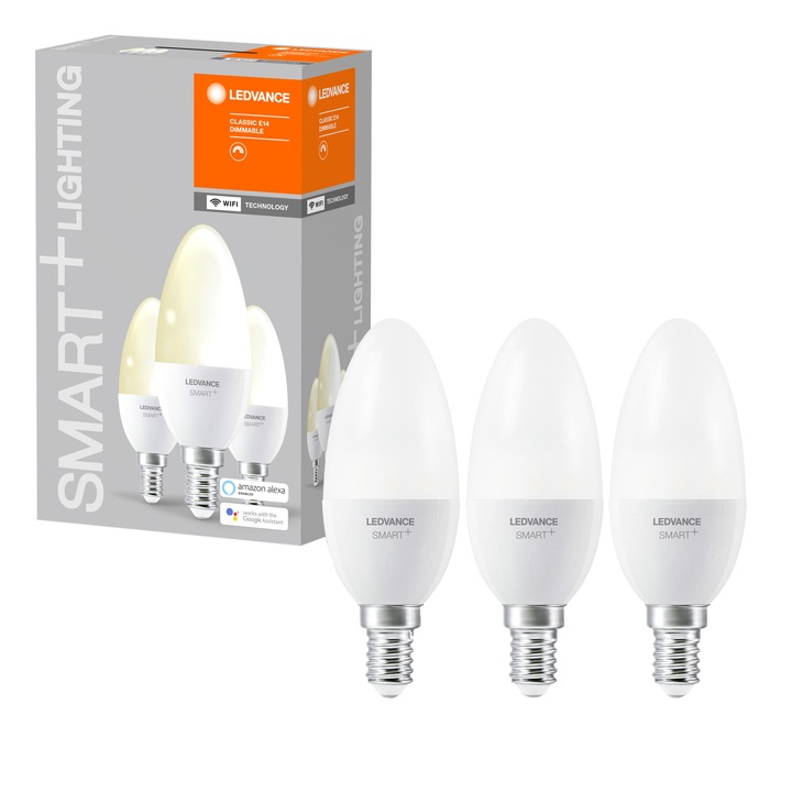 Pachet 3 becuri inteligente LED LEDVANCE SMART WIFI, B60, 5W (40W), 470 lm, dimabil, temperatura lumina calda (2700K), compatibil amazon alexa/Google Assistant, clasa energetica F