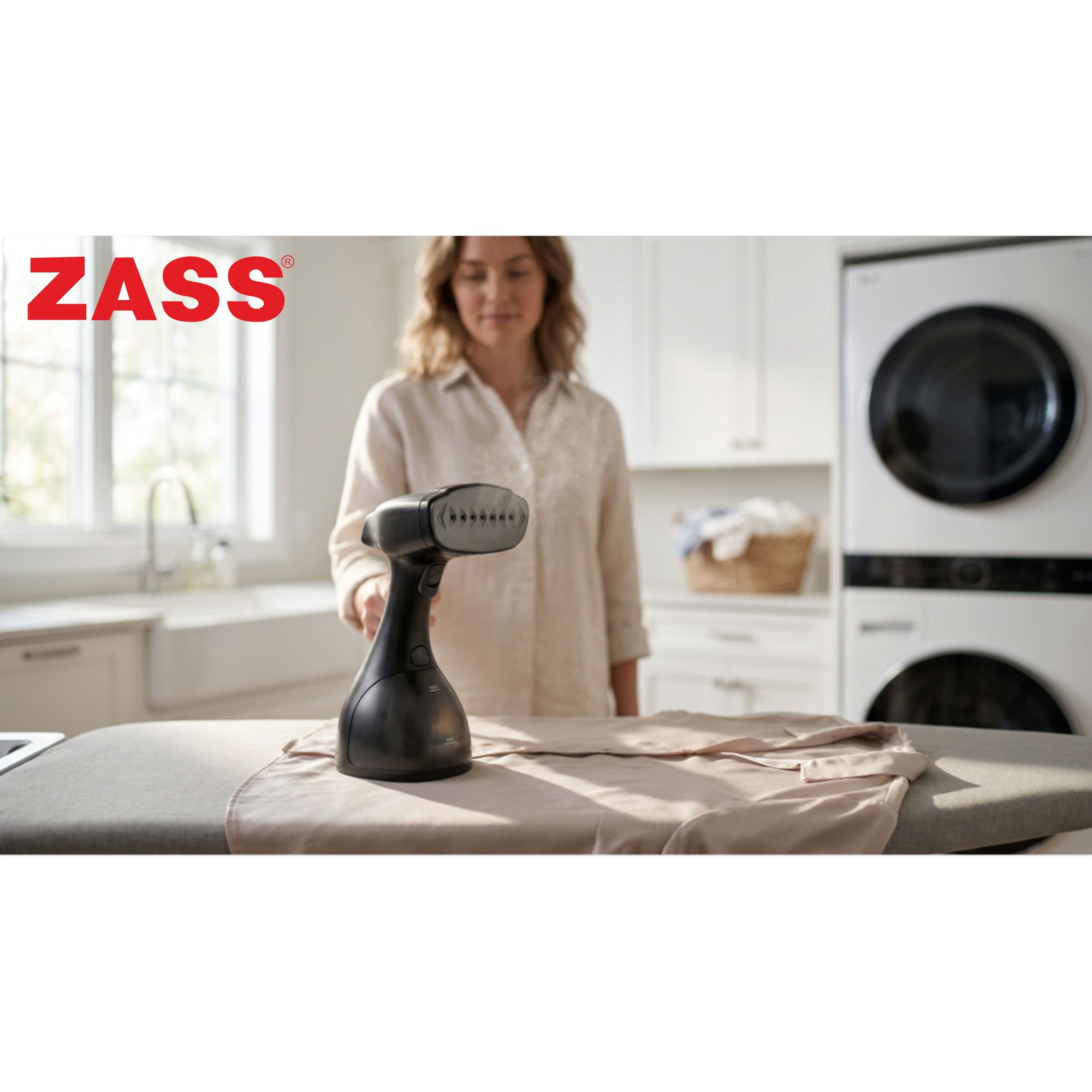 Aparat de calcat vertical portabil Zass ZGS 04, putere mare de 1500W, debit de abur 30 g/min, vaporizator rapid in 30s cu incalzitor de aluminiu, panou de control cu comutator tactil