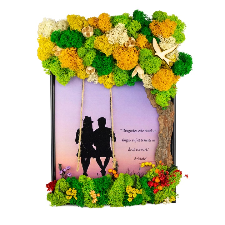 Tablou Cuplu in Leagan cu Licheni si Flori Uscate YoobirimBox Handmade, 21 x 15 cm