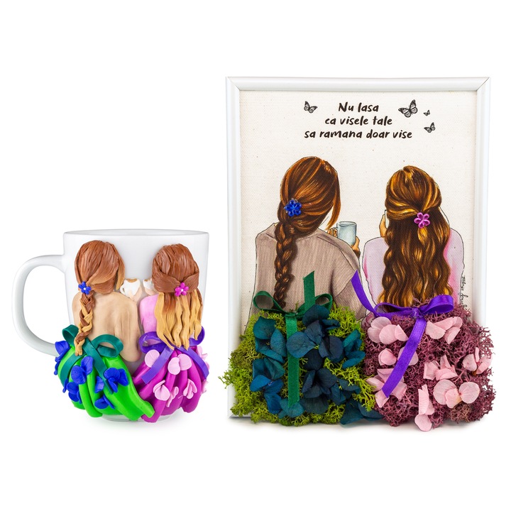 Set Tablou & Cana Fimo Best Friend cu Licheni si Flori Criogenate YoobirimBox Handmade, 20 x 15 cm