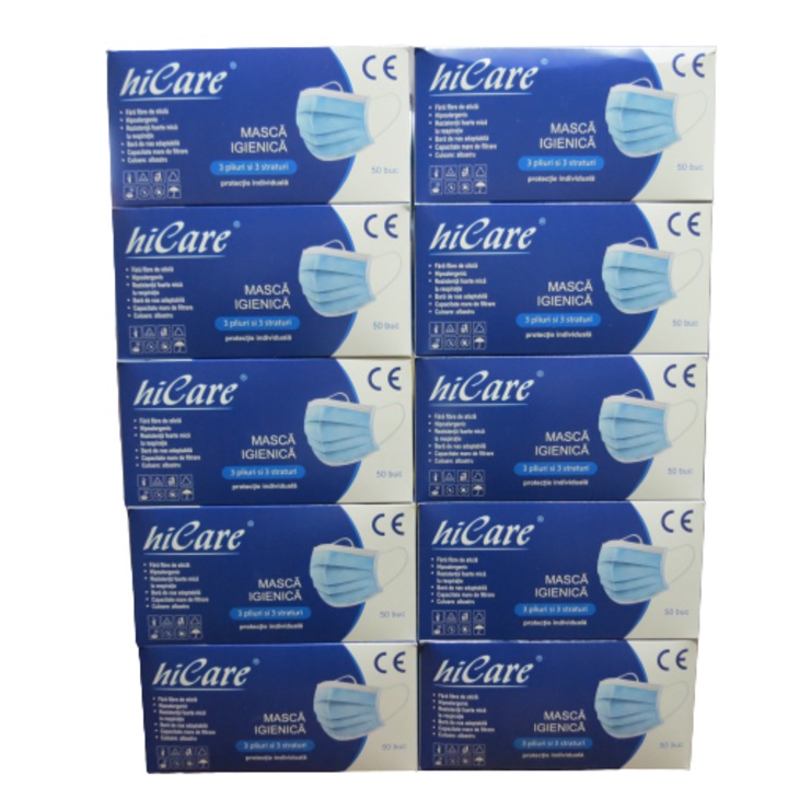 Ajánlat - 10 doboz x 50 darab higiénikus maszk készlet, BFE> 95%, Romániában, 3 réteg, 3 hajtás, kék