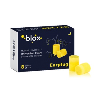 Set 4 perechi de dopuri de urechi pentru somn Blox Earplugs, Spuma cilindrica, Universale, Galben Set 4 perechi de dopuri de urechi pentru somn Blox Earplugs, Spuma cilindrica, Universale, Galben