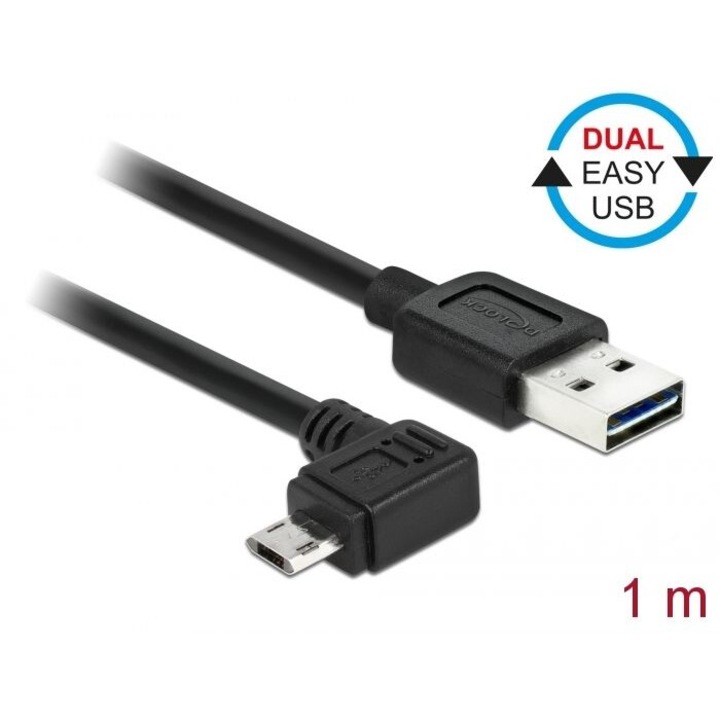 DeLock EASY-USB 2.0 Type-A male > EASY-USB 2.0 Type Micro-B male angled left/right 1m cable Black, 145817, Kábel