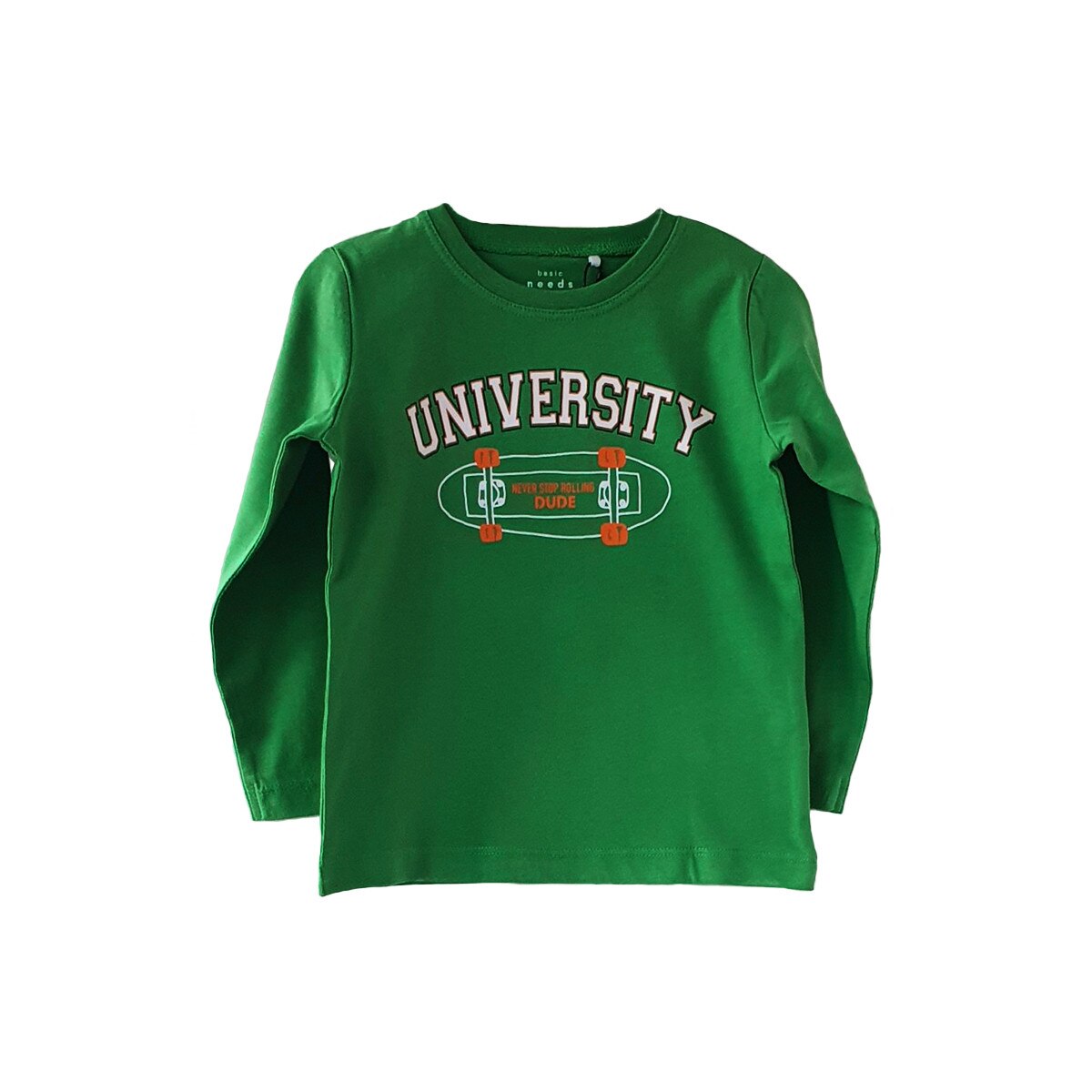 Tricou Name It, cu maneca lunga si imprimeu skateboard, verde, 24 luni