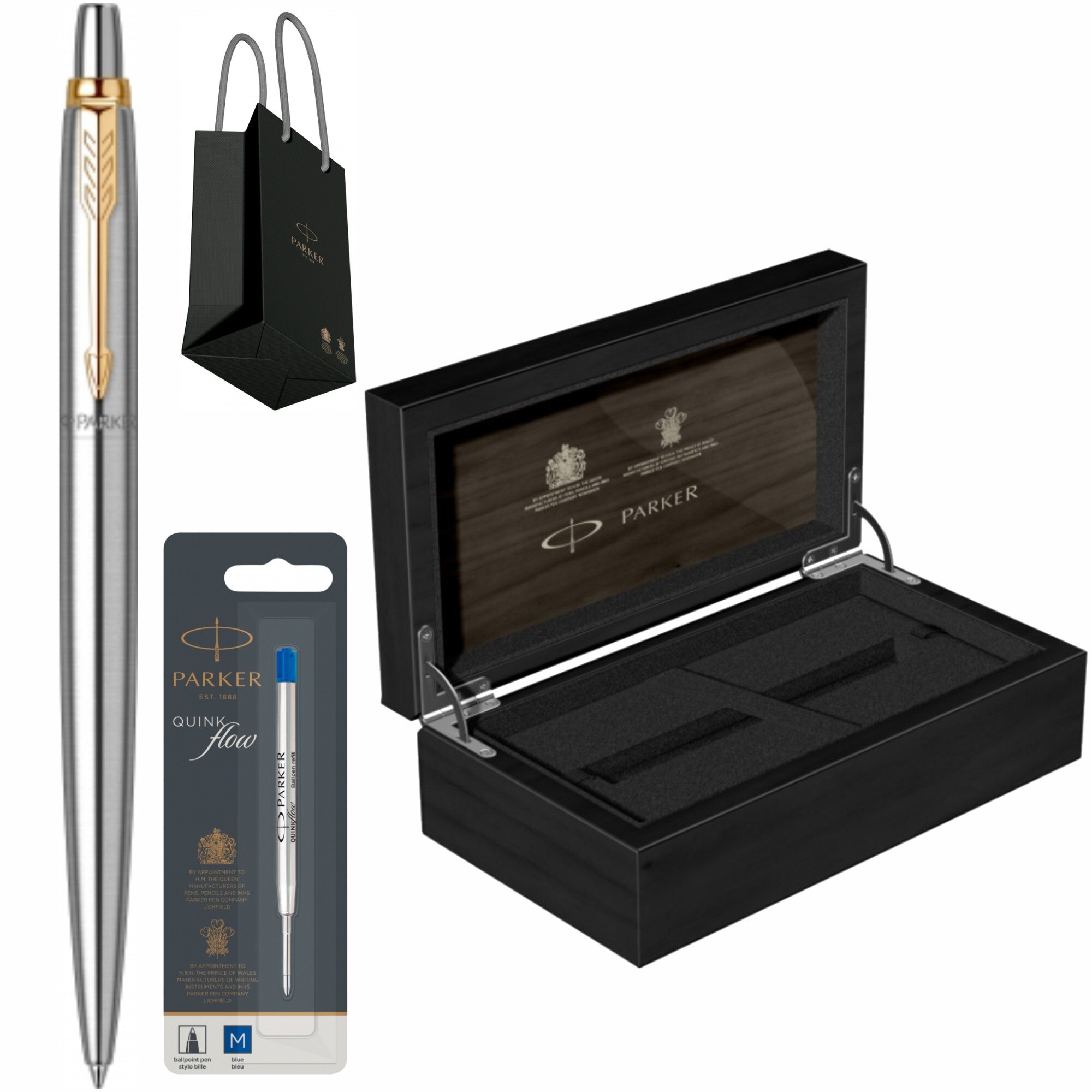 Set Parker Pix Jotter Royal Stainless Steel GT personalizat prin Gravura Laser cu rezerva mina pix Quink Flow Albastru M/ F in cutie de lemn si punga