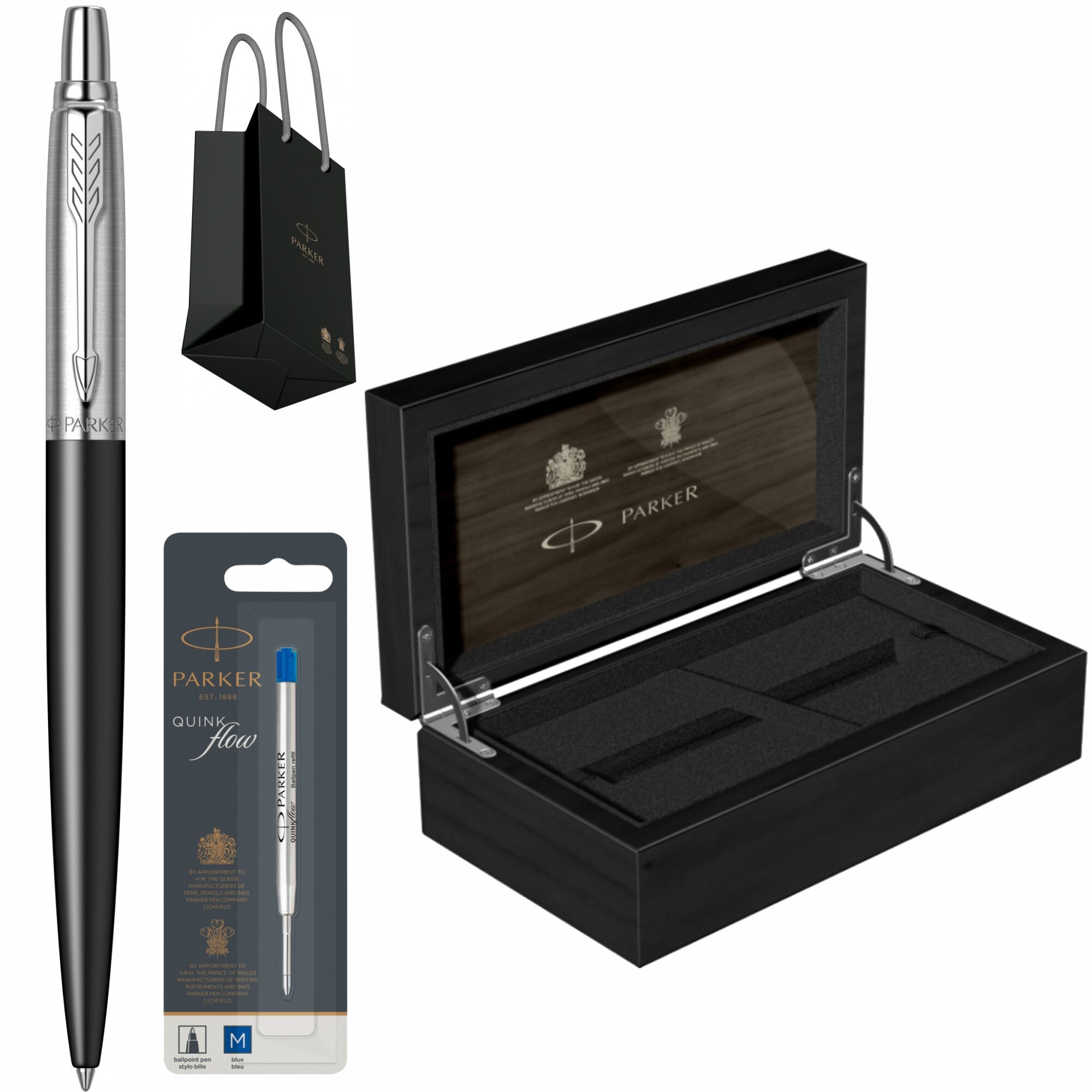 Set Parker Pix Jotter Royal Bond Street Black CT personalizat prin Gravura Laser cu rezerva mina pix Quink Flow Albastru M/ F in cutie de lemn si punga