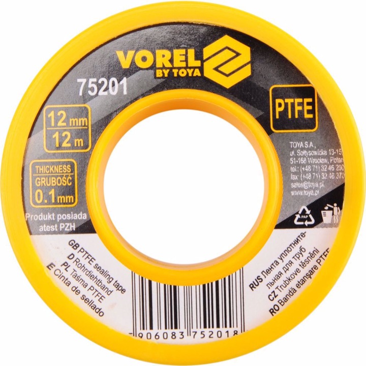 Лента тефлонова Vorel, PTFE, 15 м x 12 мм х 0.1 мм, Бяла