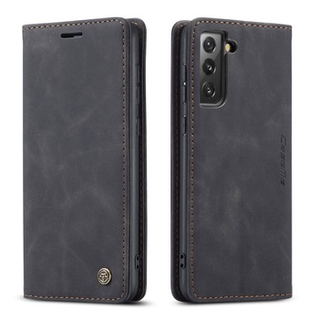 Husa pentru Samsung Galaxy S21 Plus, CaseMe, slim piele, tip portofel, stand, inchidere magnetica, textura catifelata, Negru Husa pentru Samsung Galaxy S21 Plus, CaseMe, slim piele, tip portofel, stand, inchidere magnetica, textura catifelata, Negru
