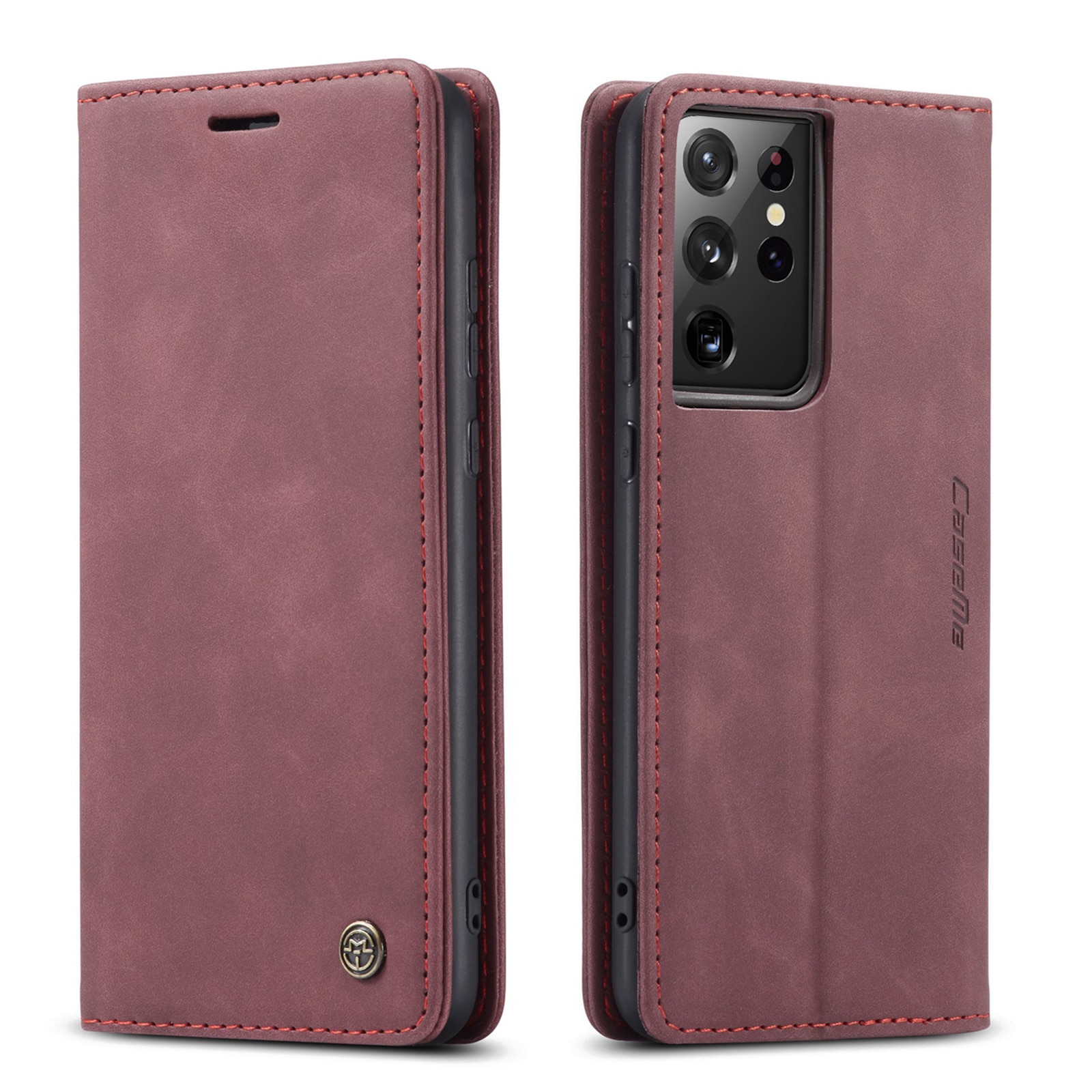 Husa pentru Samsung Galaxy S21 Ultra, CaseMe, slim piele, tip portofel, stand, inchidere magnetica, textura catifelata, Visiniu