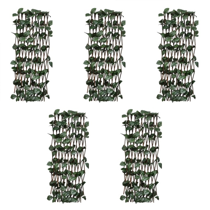 Комплект върбови огради хармоника vidaXL, 5 бр, С изкуствени листа, 180x30 см, Кафяво и зелено