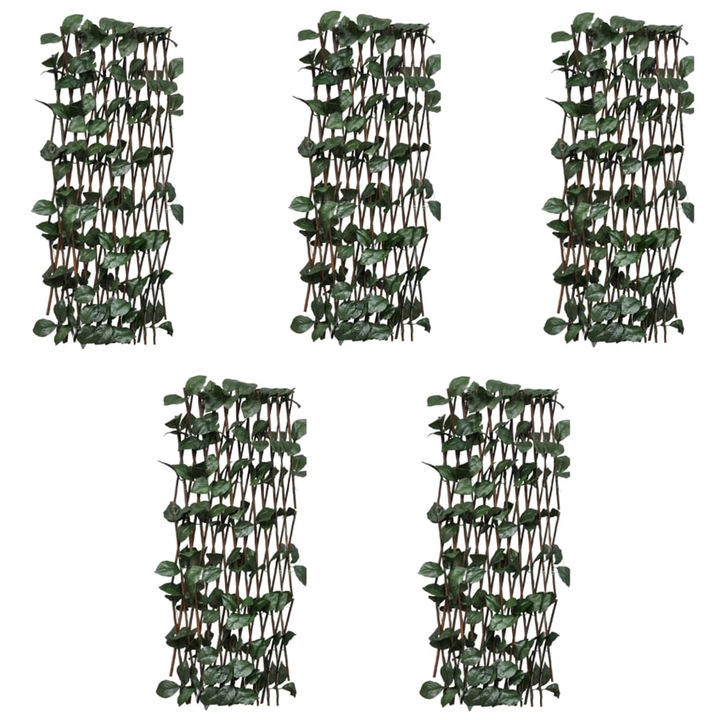 Set de 5 panouri de gard cu zabrele cu frunze artificiale, vidaXL, Salcie, 180 x 60 cm, Argintiu