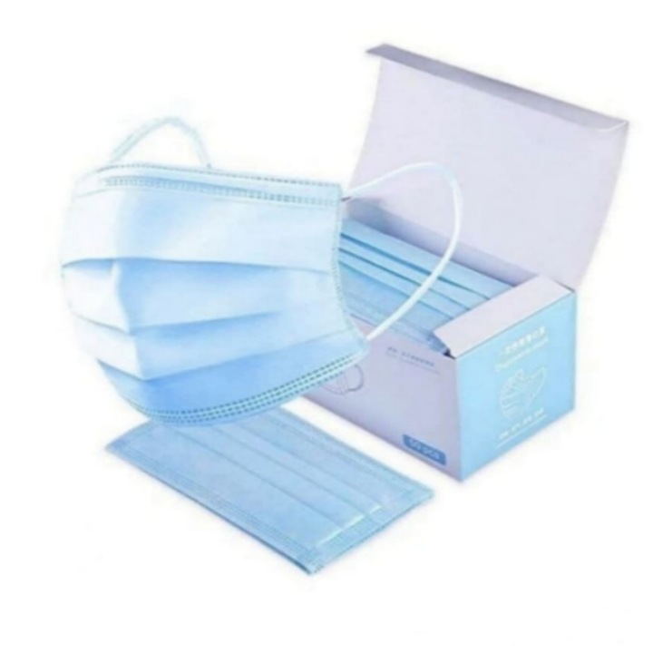 Кутия с 50 запечатани маски за лице за еднократна употреба, 3 слоя, 3 гънки, сини