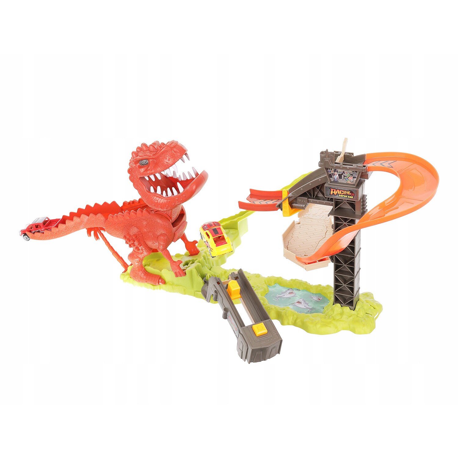 Jucarie Interactiva Lansator de Masini, Model Dinozaur, Include 2 Masini Diferite si Rapide, Stabil, Stimuleaza Imaginatia si Comunicarea, Multicolor