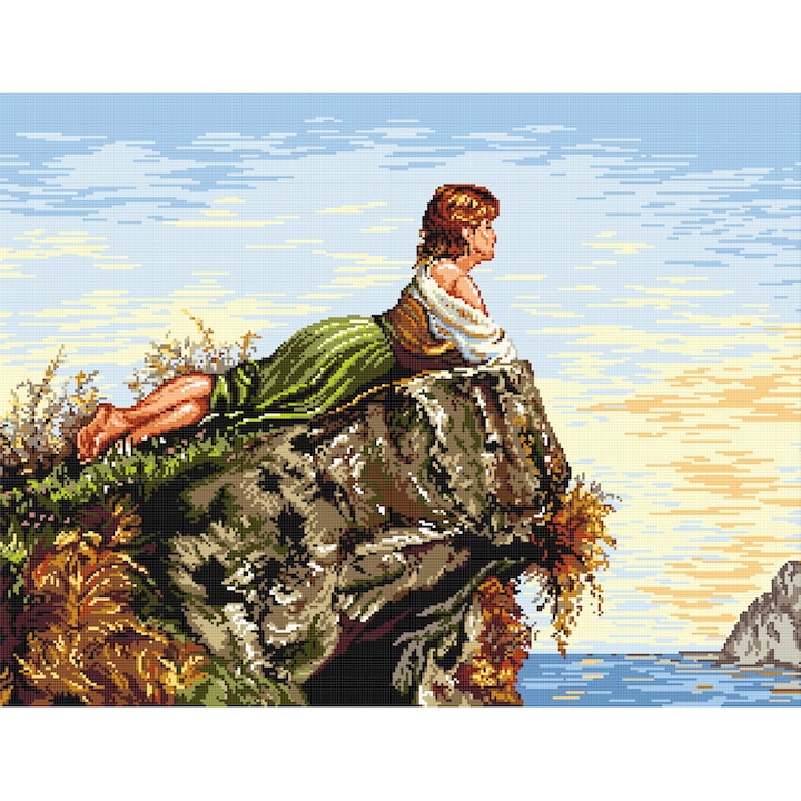 Goblen fata pe stanca , Hudemas , kit cu diagrama alb-negru , cu fire mouline 23x30cm