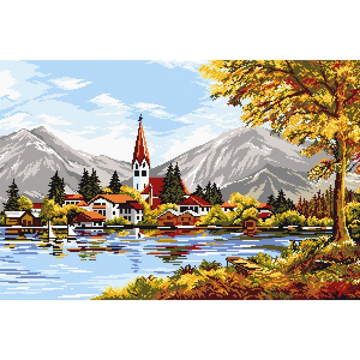 Goblen peisaj elvetian cu lac , Hudemas , kit imprimat pe panza , cu fire mouline 20x30cm