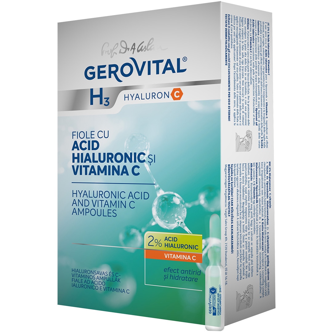 Fiole acid hialuronic si vitamina C Gerovital H3 Hyaluron C, concentratie 2%, 10 buc x 2 ml - eMAG.ro