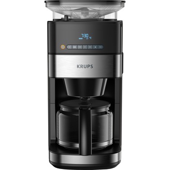 Cafetiera Krups Grind&Brew KM832810, vas din sticla, 1.25L, rasnita de cafea metalica, 3 setari, display digital, cronometru, Negru/Metalic Cafetiera Krups Grind&Brew KM832810, vas din sticla, 1.25L, rasnita de cafea metalica, 3 setari, display digital, cronometru, Negru/Metalic