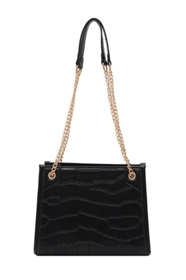 Geanta de dama Lauren neagra din piele ecologica tip piele de crocodil, 25 x 23 x 10 cm