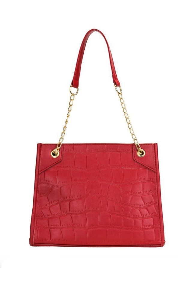 Geanta de dama Lauren rosie din piele ecologica tip piele de crocodil, 25 x 23 x 10 cm