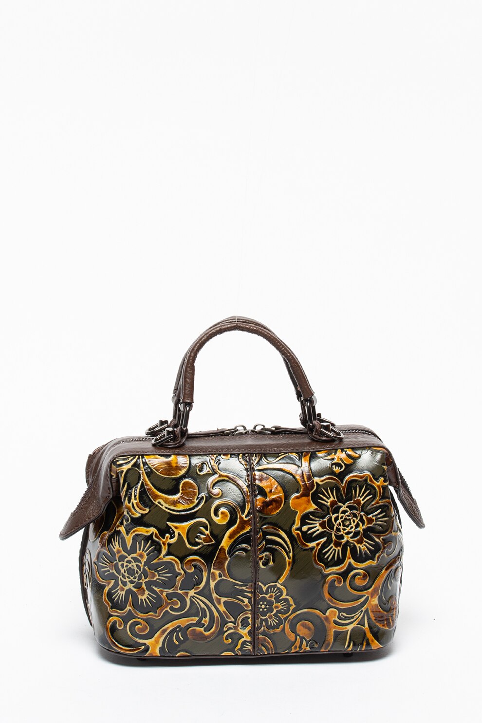 Pellearts, Geanta de piele cu model floral, Maro/Verde/Galben