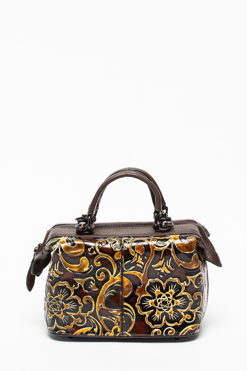 Pellearts, Geanta de piele cu model floral, Maro/Galben