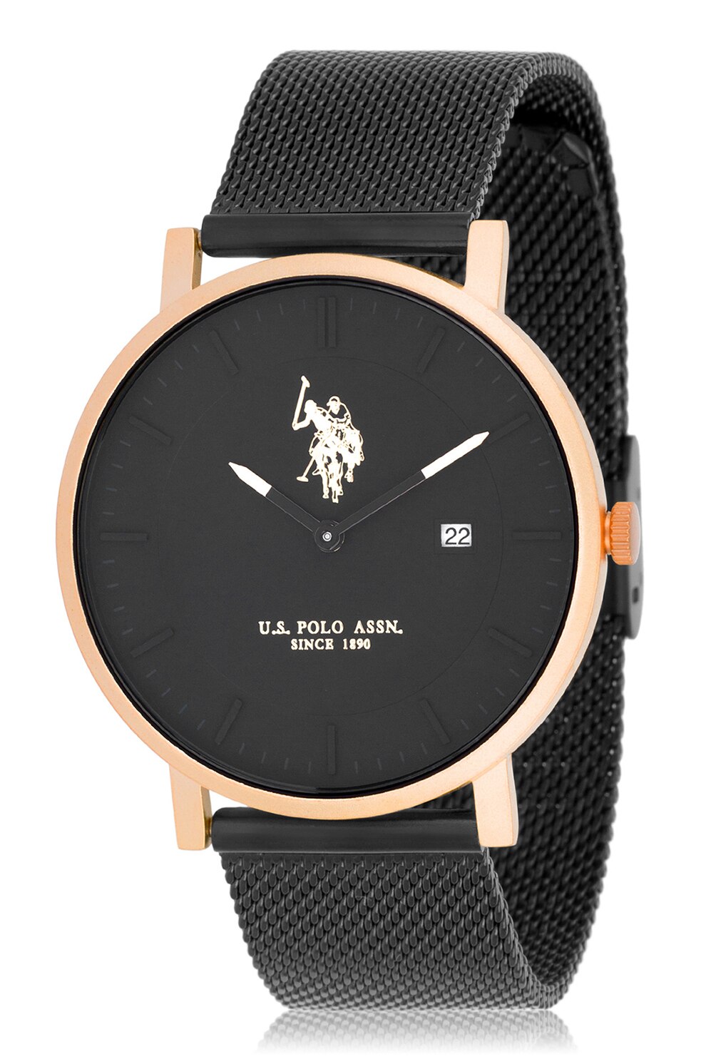 U.S. Polo Assn., Ceas rotund analog cu bratara metalica cu model plasa, Negru