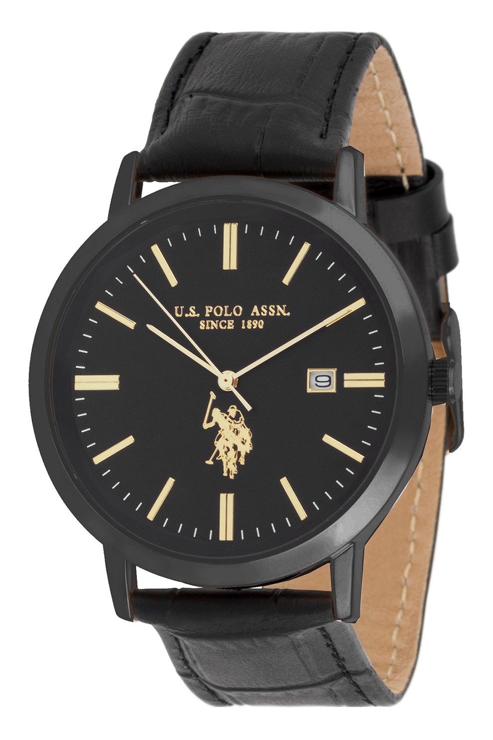 U.S. Polo Assn., Ceas analog cu o curea de piele cu model tip piele de crocodil, Negru