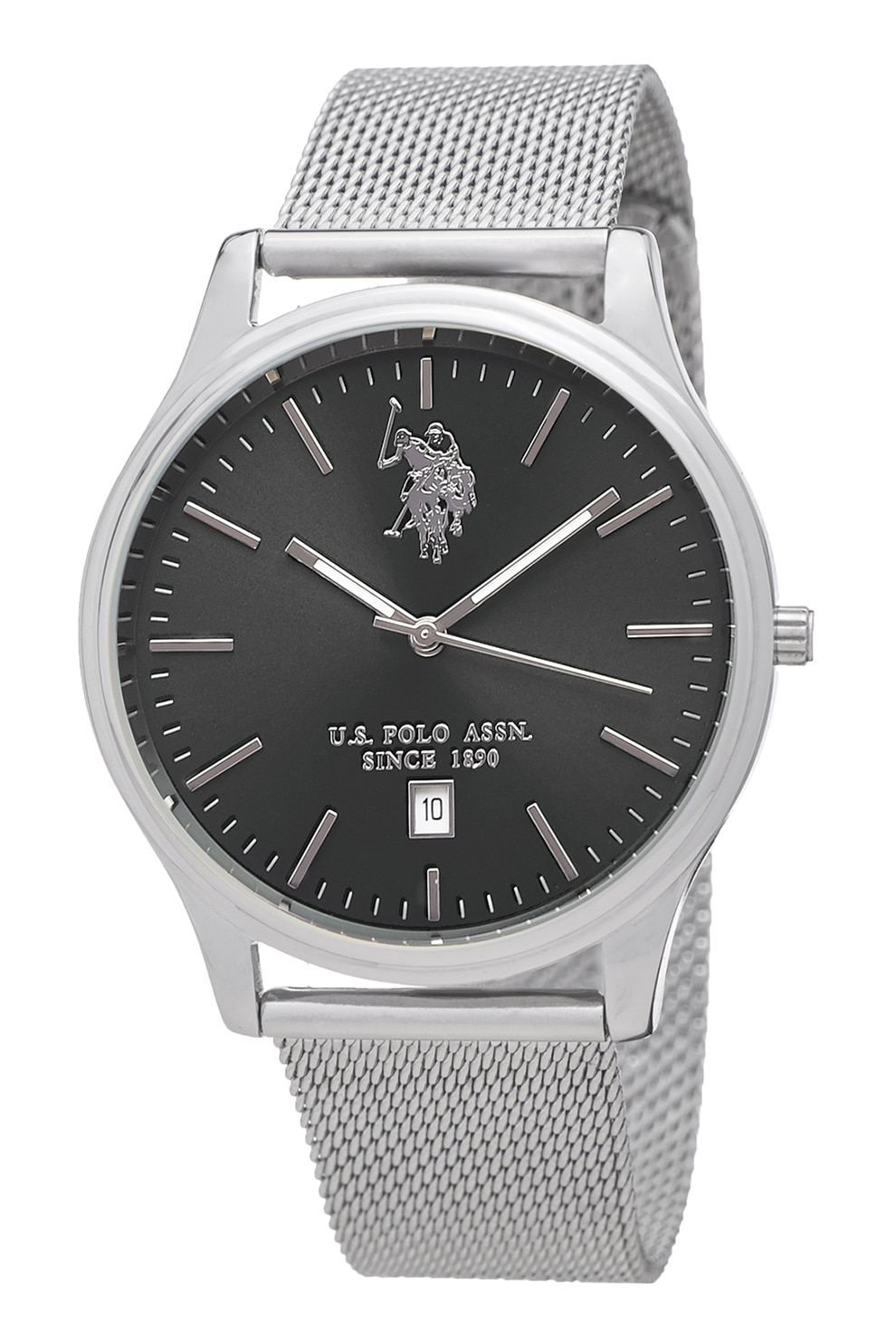 U.S. Polo Assn., Ceas analog cu o bratara metalica cu model plasa, Argintiu