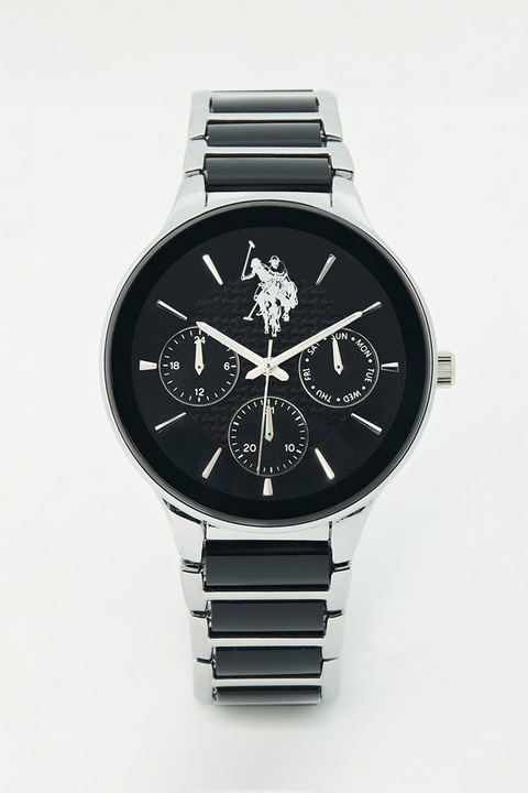 U.S. Polo Assn., Мултифункционален часовник с двуцветна каишка, Сребрист / Черен