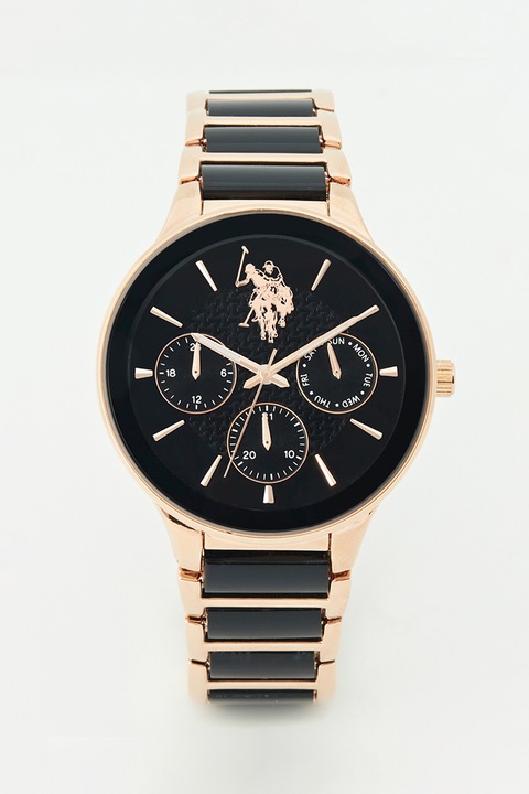 U.S. Polo Assn., Ceas cu functii multiple si bratara bicolora, Auriu rose/Negru