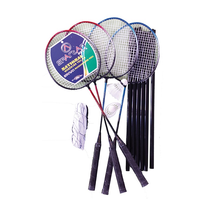 Set badminton joc dublu, 4 rachete, fileu si 2 fluturasi, Multicolor