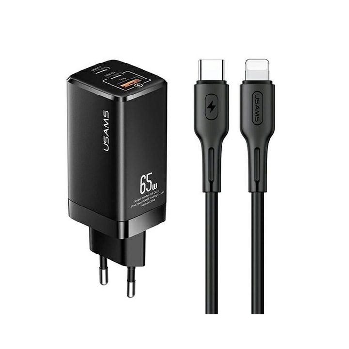 USAMS Töltő MT 2xUSB-C+USB GaN 65W T33 PD+Kábel USB-C-Lightning 30W Gyorstöltés Fekete MTXLOGTL01 (MTXLOGTL01)