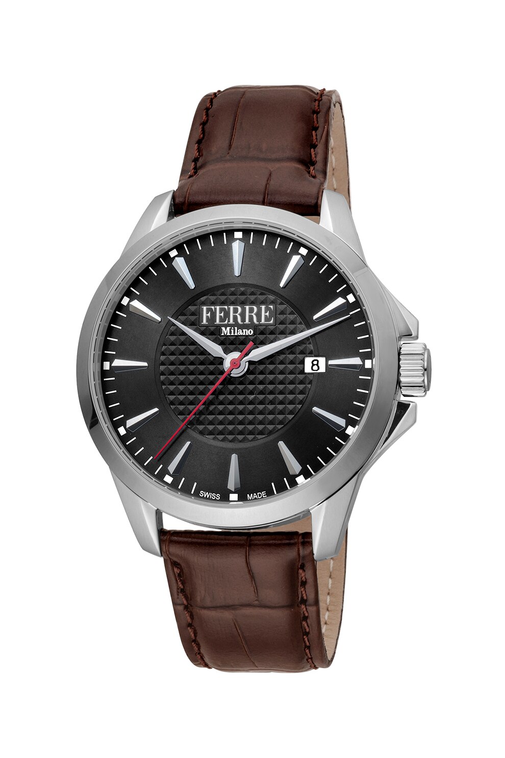 Ferre Milano, Ceas din otel inoxidabil cu o curea de piele, Maro inchis