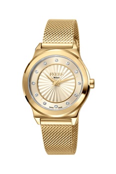 Ferre Milano, Ceas din otel inoxidabil cu bratara cu model plasa si cristale zirconia, Auriu Ferre Milano, Ceas din otel inoxidabil cu bratara cu model plasa si cristale zirconia, Auriu