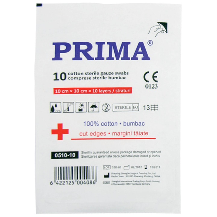 Компреси марля Prima, Стерилни, 10x10 см, 10 броя