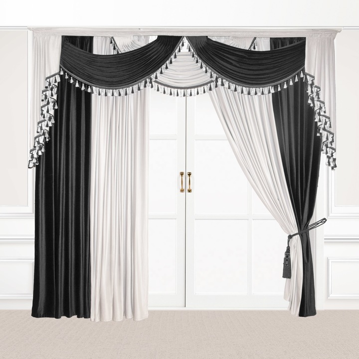 Set 2 draperii Queen, catifea, argintiu/negru, panou stil medalion cu ciucuri, bucle laterale, cordoane, 300x270 cm