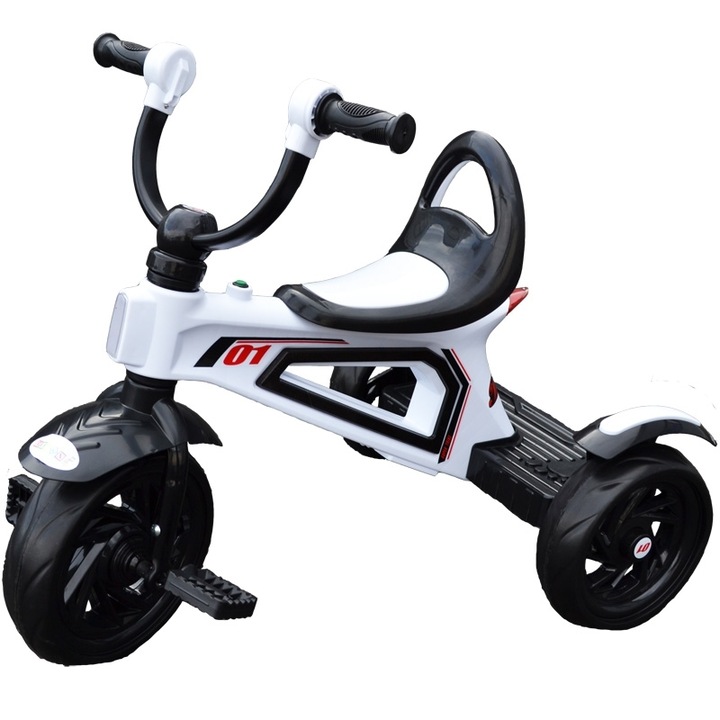 Go Kart tricikli pedállal, gyerekeknek zenével és fényekkel, 2-4 éves korig, fehér színben
