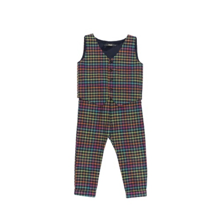 Costum copil cu vesta si pantaloni in carouri colorate