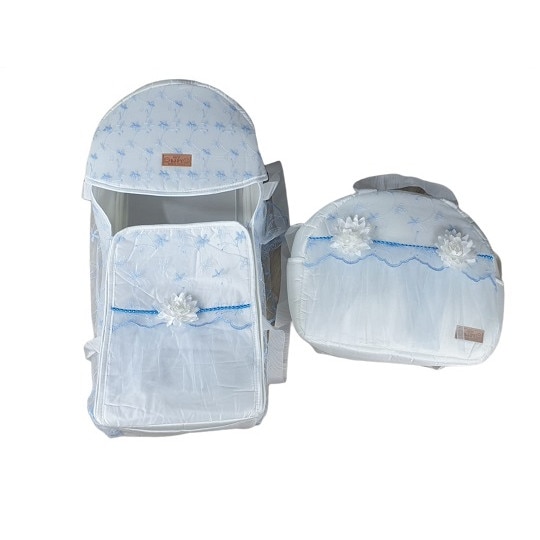 Landou portbebe si gentuta pentru bebelusi cu dantela,dimensiune 60x25x20,culoare albastru