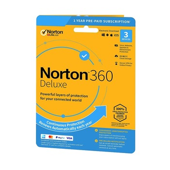 Licenta electronica antivirus Norton 360 Deluxe, 1 utilizator, 3 dispozitive, 12 luni Licenta electronica antivirus Norton 360 Deluxe, 1 utilizator, 3 dispozitive, 12 luni