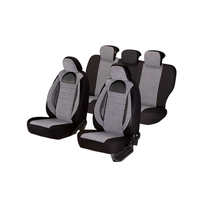 Huse scaune auto Volkswagen Touran, SMARTIC, Editia Racing, Textil cu Insertii Piele Ecologica, 11 piese, Gri/Negru