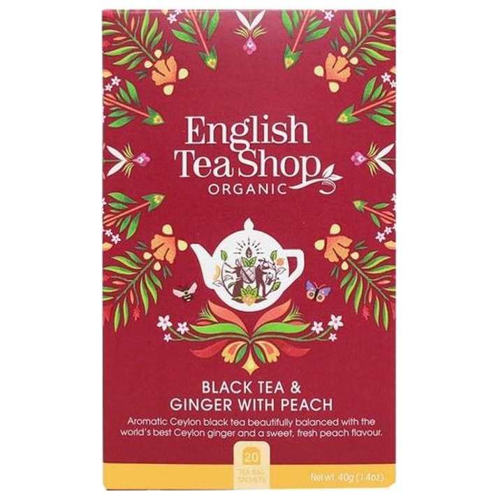 Ceai negru ECO cu ghimbir si piersica English Tea Shop, 20 pliculete, 40g