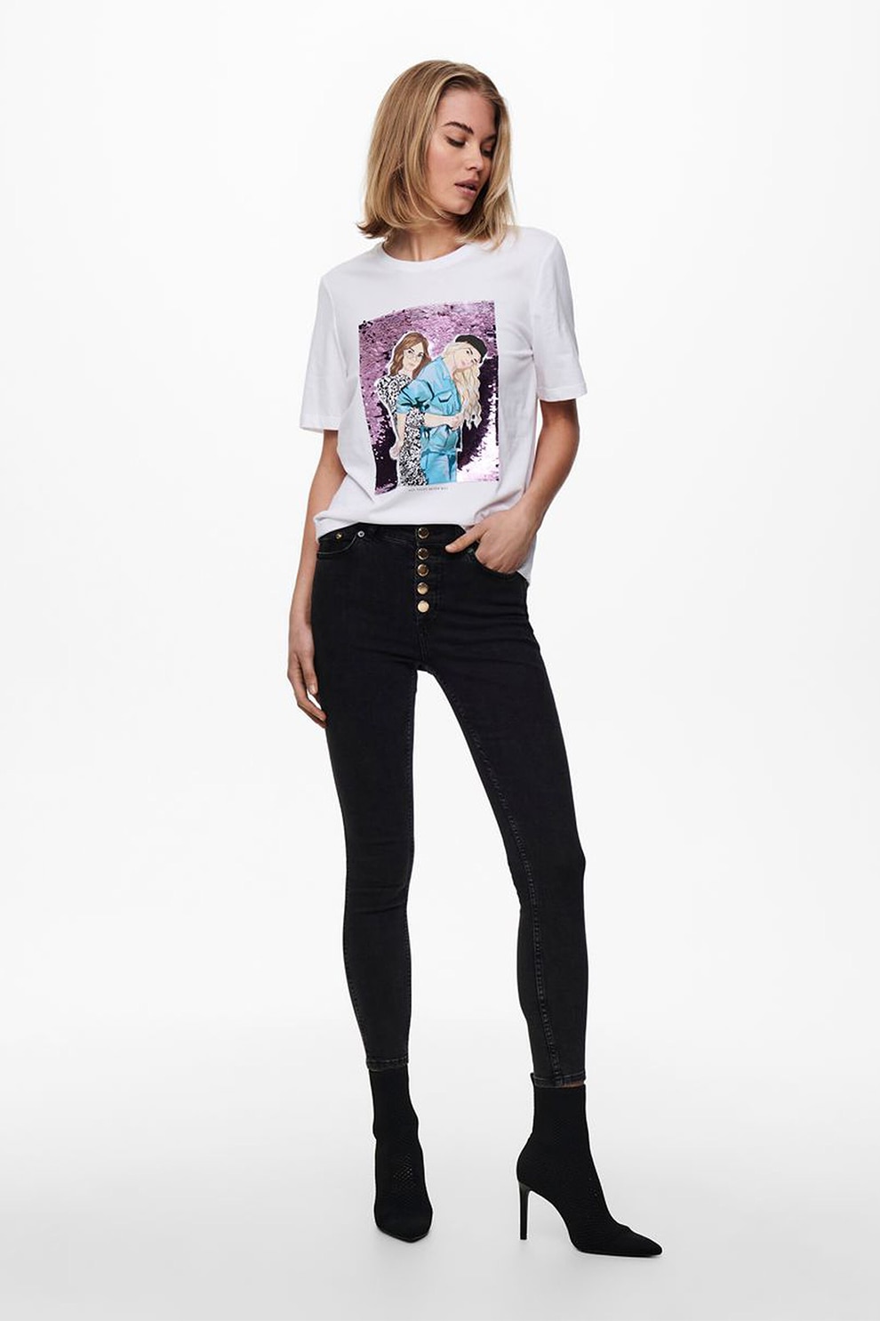 Only, Tricou de bumbac organic cu imprimeu si aplicatii de paiete, Alb