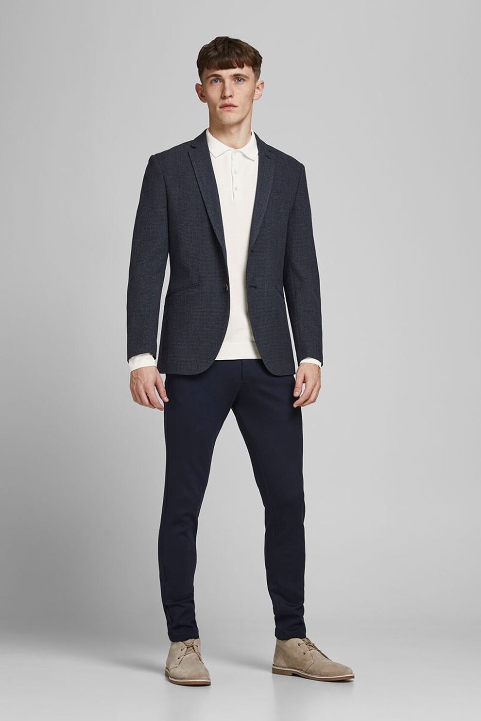 Jack&Jones, Bluza polo din bumbac organic cu fenta cu nasturi, Alb prafuit