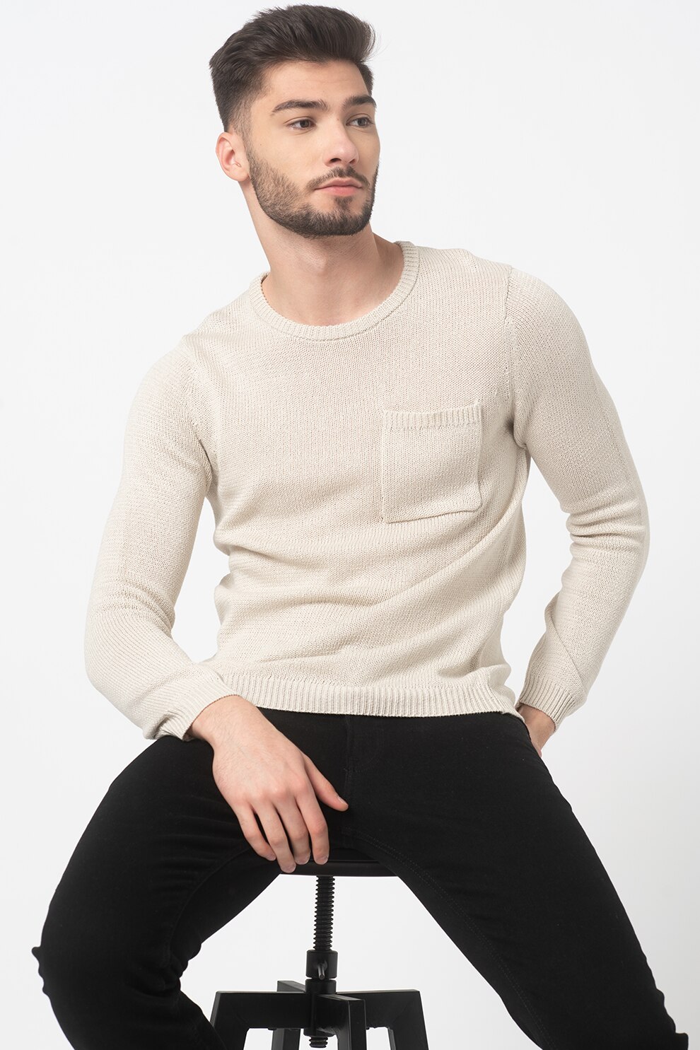 Jack&Jones, Pulover cu decolteu la baza gatului si buzunar pe piept Blamonk, Grej, XL