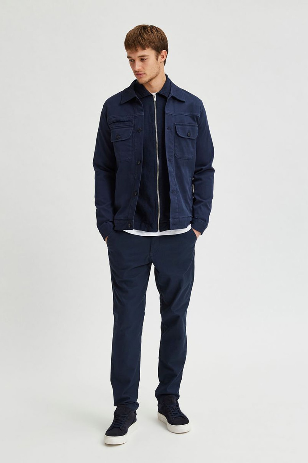 Selected Homme, Jacheta cu insertii de bumbac organic Worker, Albastru inchis, S