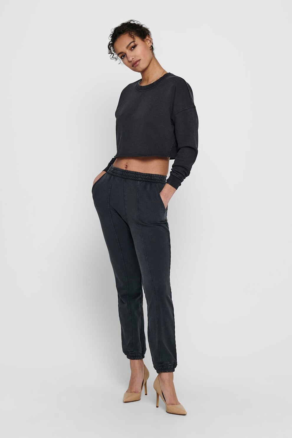 Only, Bluza sport crop din amestec de bumbac organic, Negru stins