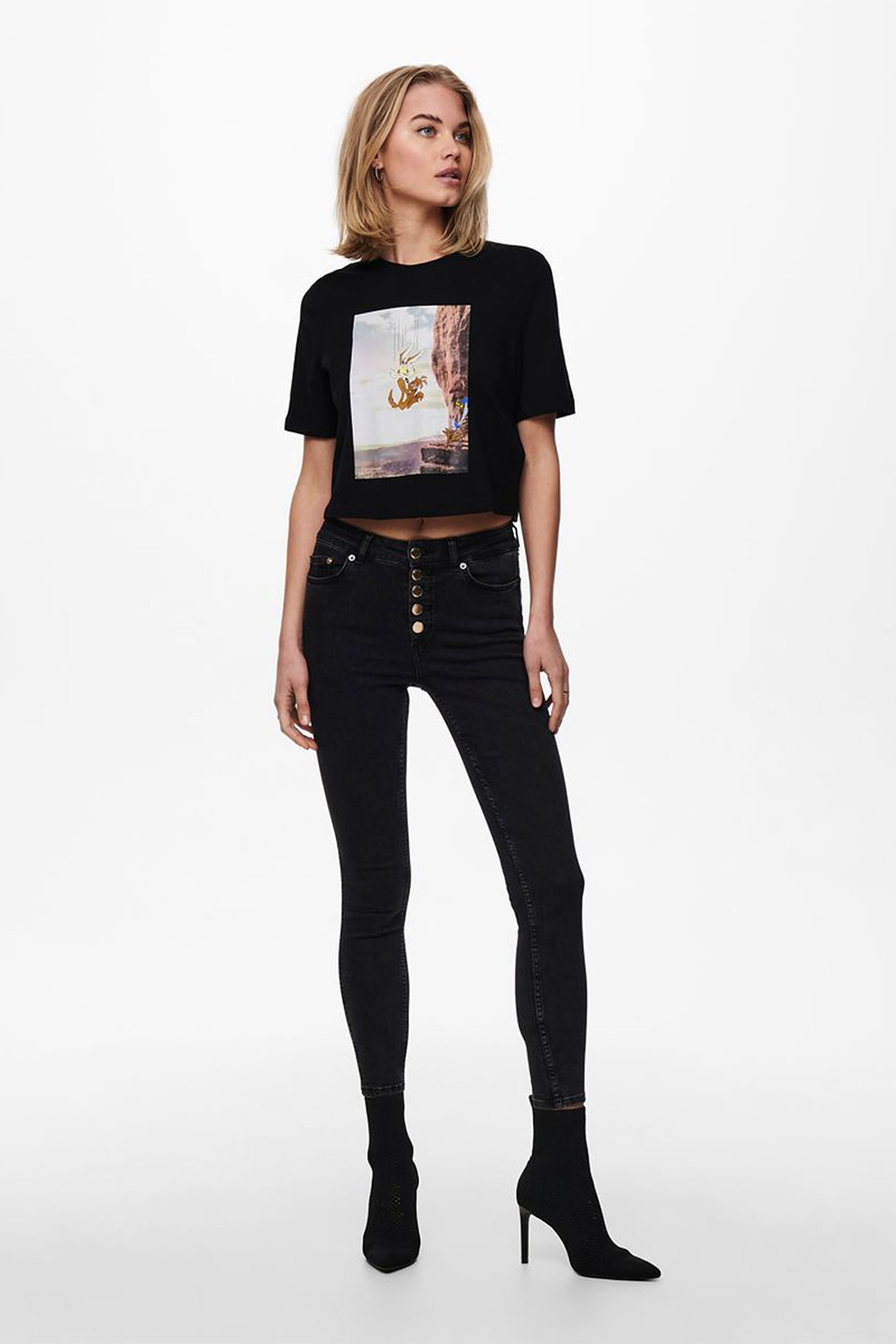 Only, Tricou crop de bumbac organic cu imprimeu grafic, Alb